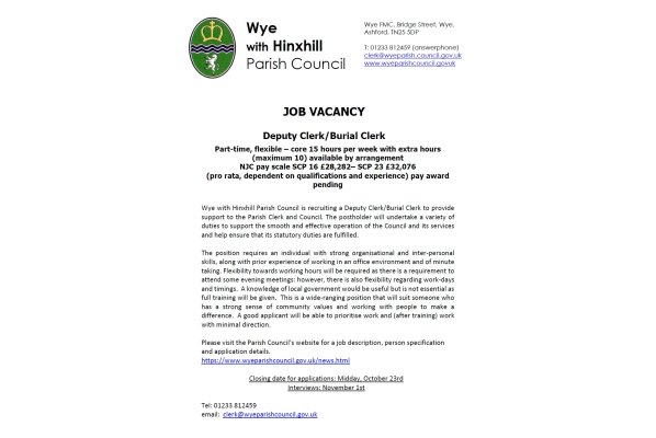 Vacancy - Deputy Clerk/Burial Clerk - Job Advert