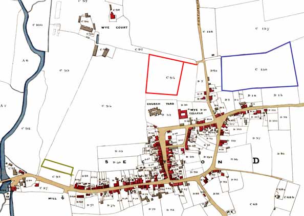 Image: Three allotments marked on the 1841 tithe map of Wye.

This map shows how the legal protection afforded to allotment land has preserved historic field boundaries. In 1962 Wye College acquired about one third of the Bean Field Allotments, to build the glasshouses. These were occupied until recently by Biological Crop Protection BCP Certis. <https://www.wyeparishcouncil.gov.uk/uploads/wye-college-brochure.pdf> The use of this land is still protected by a restrictive agricultural covenant held by Wye Parish Council. In 1961 Wye College acquired the east part of Churchfield Allotments to build the chemistry labs, the New Lecture Theatre and other educational buildings. KCC diverted the public right of way to its present route beside Churchfield allotments to accommodate the College expansion.

Key:

Red line - Churchfield Allotments (Parish Council) Post 1961 boundary, with access of Olantigh Road.

Blue line - Bean Field Allotments (Parish Council) Pre 1962 boundary, with access of Olantigh Road.

Green line - Bridge Street Allotments (Ashford Borough Council) current boundary, with access off The Twitten