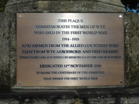 The new plaque placed on the Wye War Memorial to commemorate the centenary of the Armistice at the end of the First World War