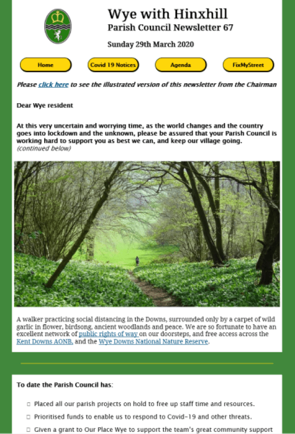 Wye e-newsletter 67 image of the front page (text is not machine readable) and a walker in Colliers Wood surrounded by a sea of wild garlic