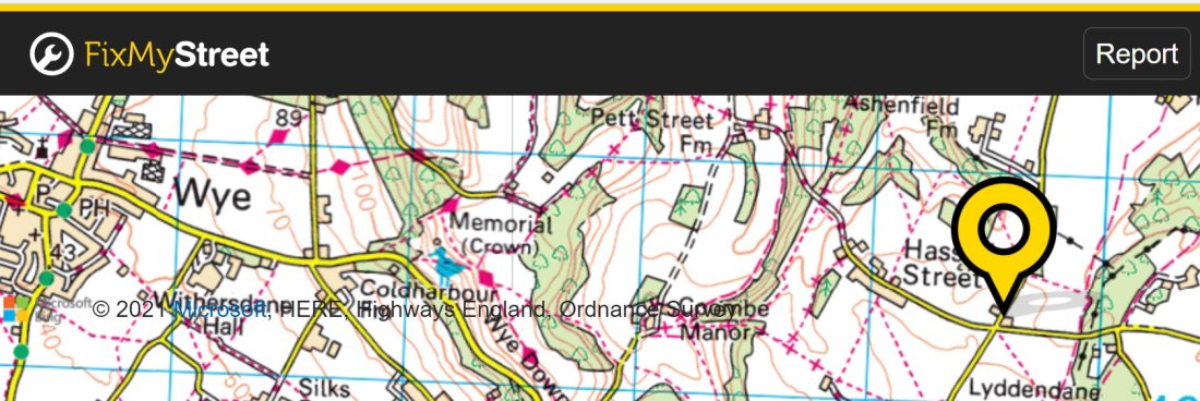 A pin on a map marks a resident's FixMyStreet report of a fault near Hassell Streeton a map