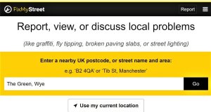 FixMyStreet example Report page screen showing The Green, Wye