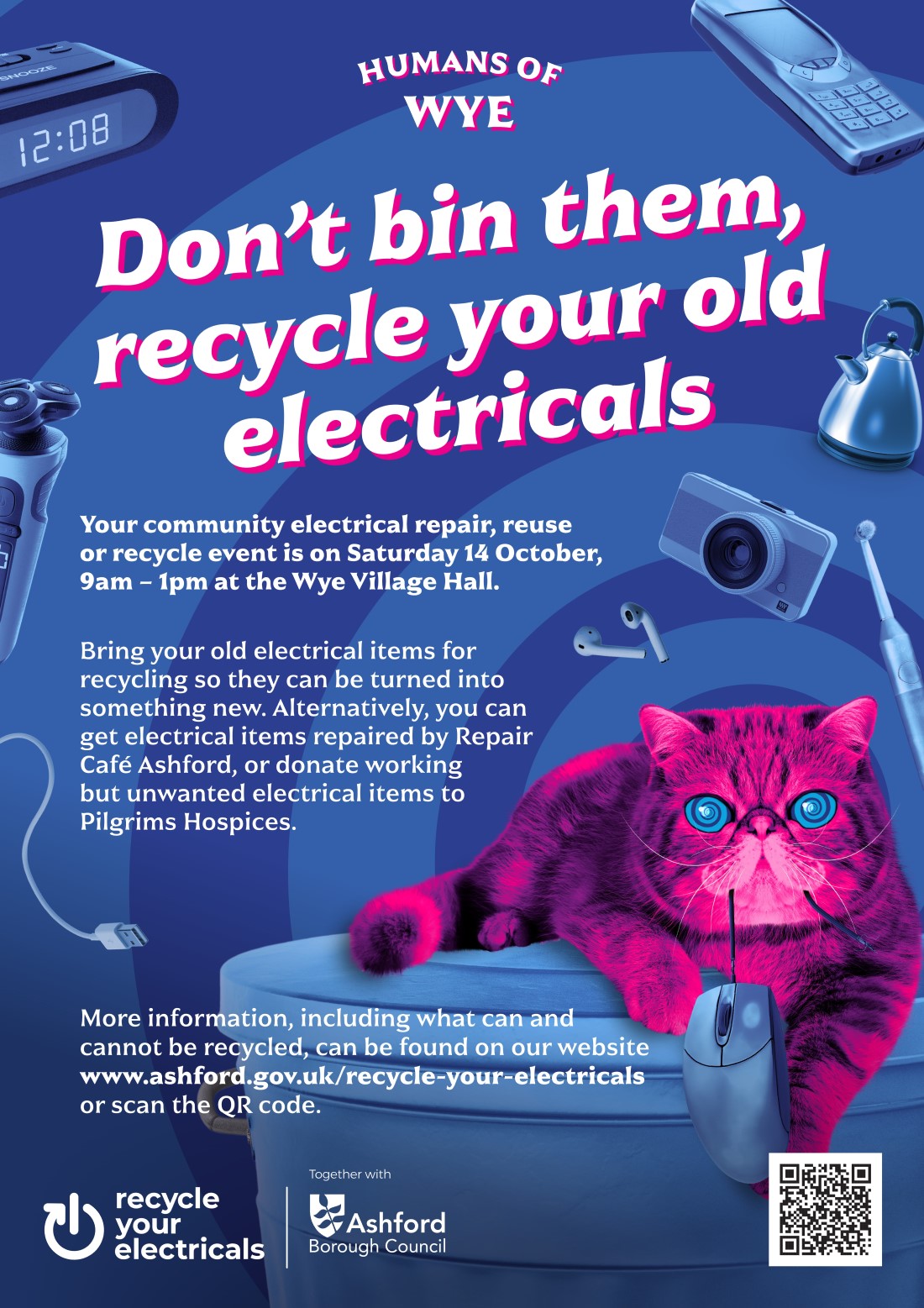 Repair Reuse Recycle Electricals event poster Saturday 14th October, Wye Village Hall 09.00 - 12.00 Ashford Borough Council