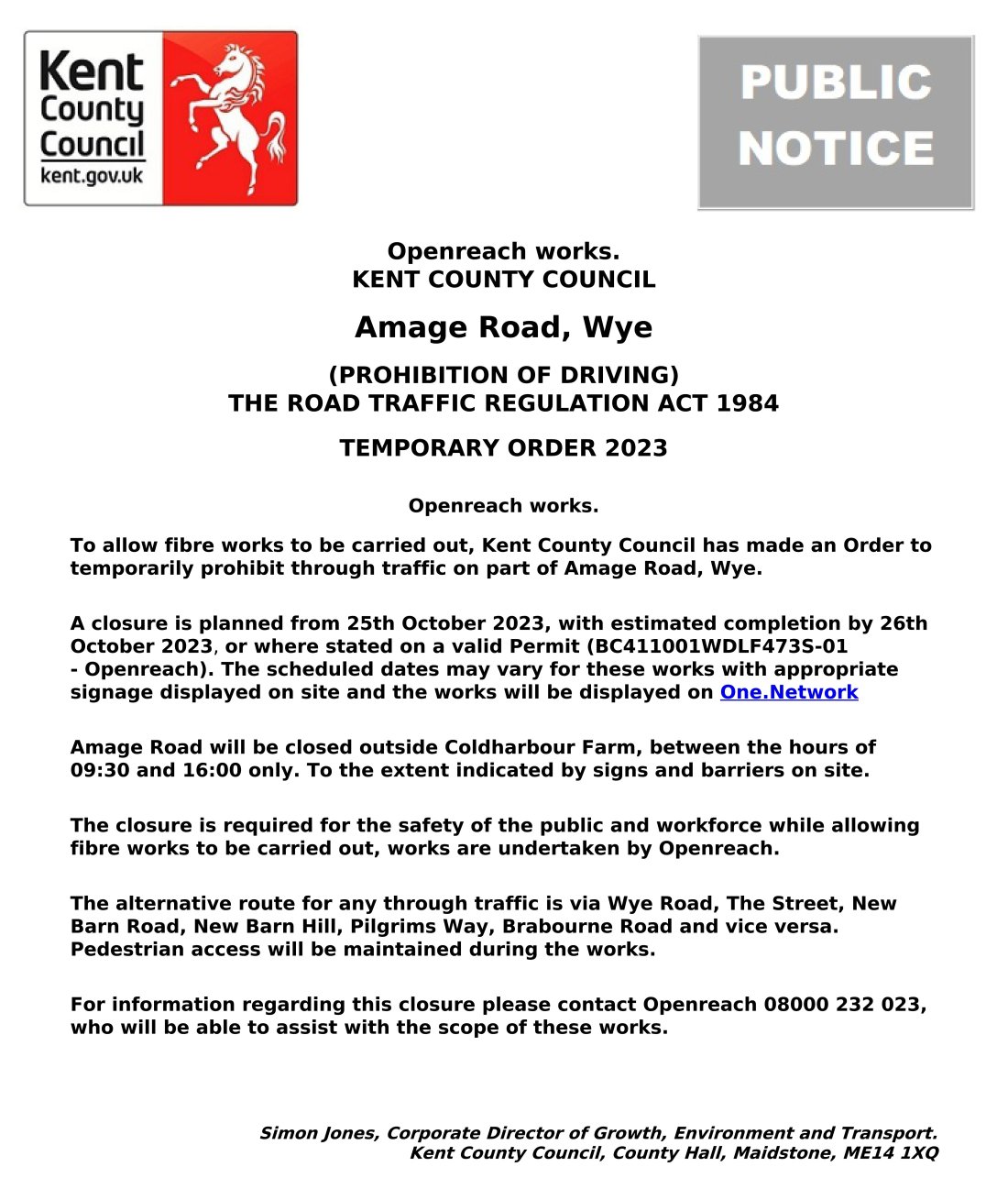 Notice KCC Highways Road Closure Amage Road 25th October 2023