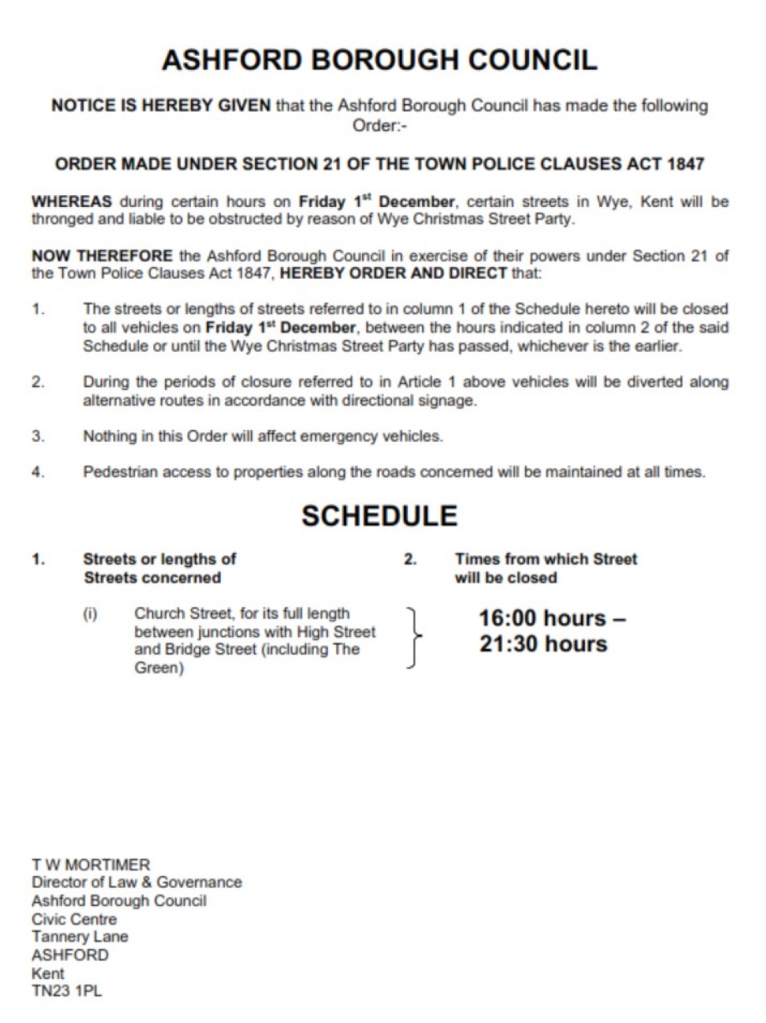 Wye Christmas Street Party temporary road closure notice