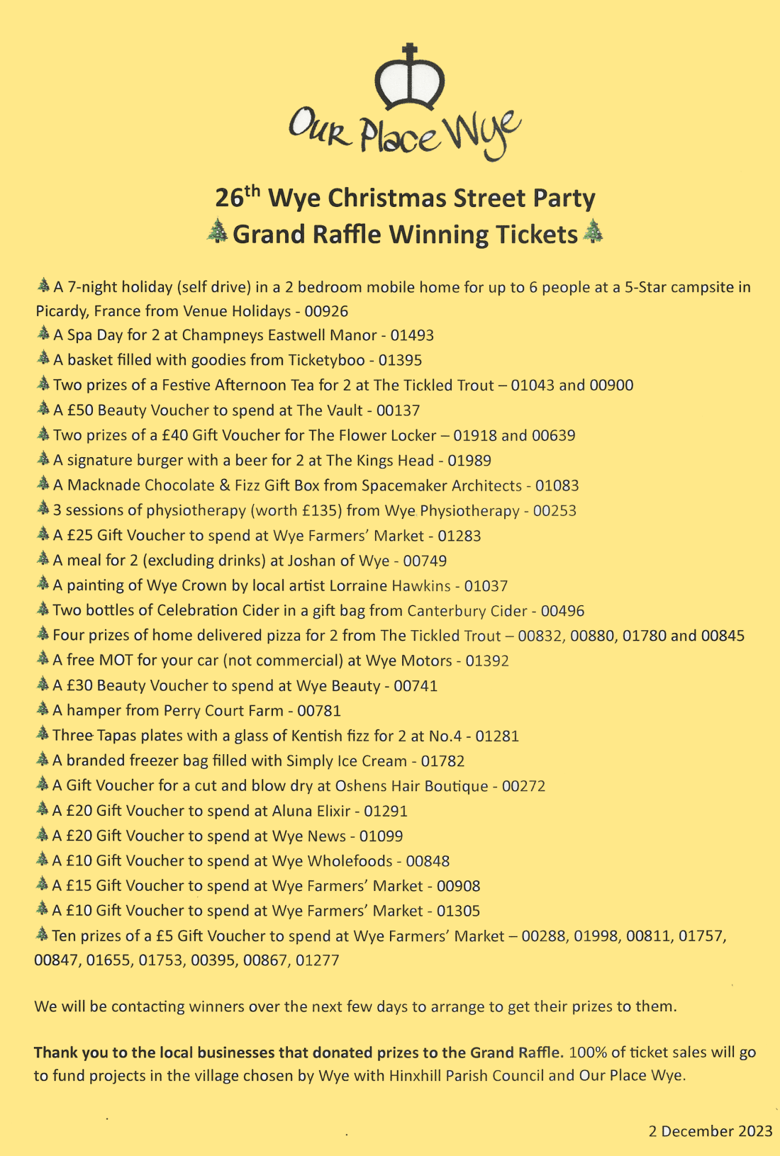 ye Christmas Street Party 2023 Grand Raffle LList of prizes and prize winning ticket numbers