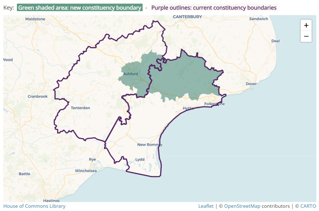 Map of the old and new parliamentary constituency boundary for Ashford