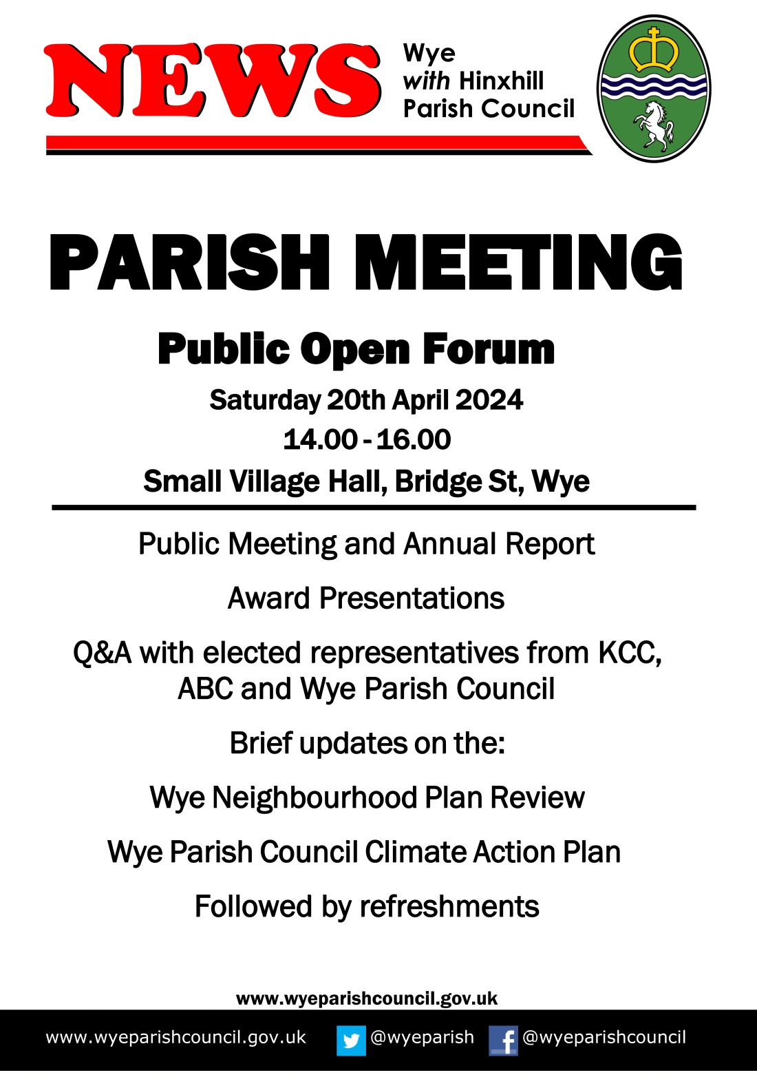 Wye Annual Parish Meeting poster Saturday 20th April, 14.00, Small Village Hall